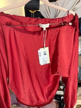 Ramy Brook Red Satin Long-Sleeve Blouse